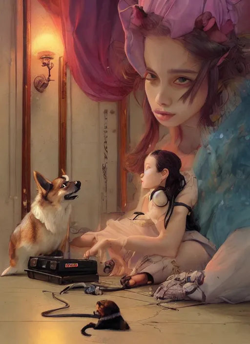 Prompt: beautiful fantasy painting of a Hiphop Lofi attractive princess and her corgi chilling to music, by Kenne Gregoire, James Jean, Tran Nguyen, WLOP, Jakub Rebelka. trending on Artstation, 8k, masterpiece, face enhance, graffiti paint, fine detail, full of color, intricate detail, golden ratio illustration