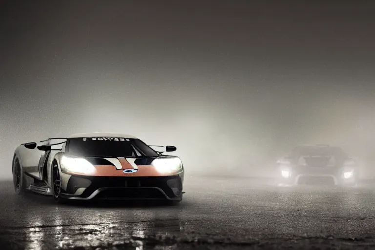 Prompt: Ford Explorer 2022. Ford GT Le Mans car sedan coupe 2 door racing on dimly lit track overcast skies raining headlights illuminating track, volumetric lighting cinematic vray photo muted colors dark cinematic. front side view uncropped centered. artstation trending dramatic harsh lighting low exposure