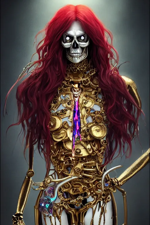 Image similar to androgyne lich skeleton made of iridescent metals and shiny gems covered with blood, long red hair, golden necklace, ultra realistic, concept art, intricate details, highly detailed, photorealistic, octane render, 8 k, unreal engine. dnd art by artgerm and greg rutkowski and alphonse mucha