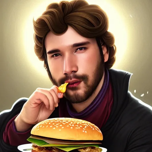 Image similar to portrait of Hans Solo eating a giant hamburger , extra onions and ketchup, luscious patty with sesame seeds, ketchup flying everywhere, feminine ethereal, handsome, D&D, fantasy, intricate, elegant, highly detailed, digital painting, artstation, concept art, matte, sharp focus, illustration, art by Artgerm and Greg Rutkowski and Alphonse Mucha