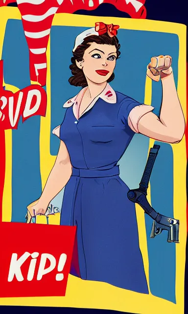 Prompt: photo of rachel bloom as rosie the riveter in real life, 8 k resolution