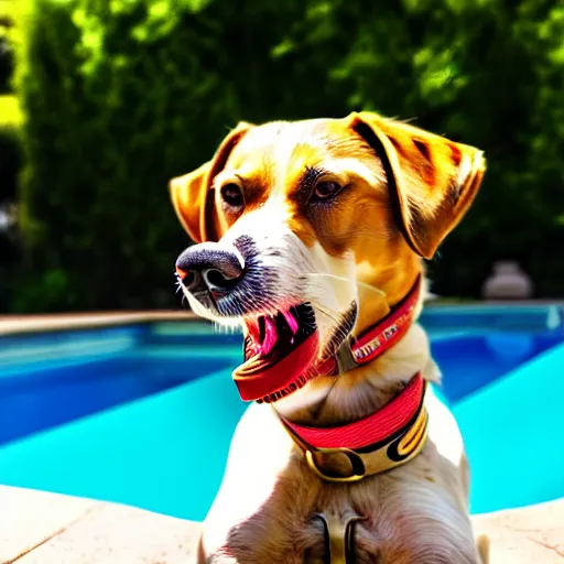 Image similar to a very detailed photo of a dog smoking a cigar outside the mansion by the pool