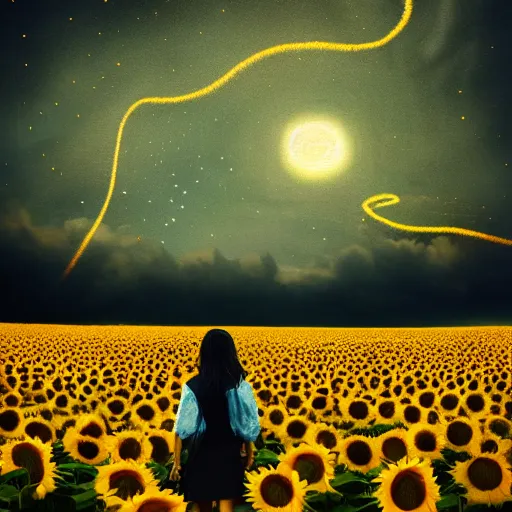 Image similar to huge sunflower face, girl walking in wheat field, hills, surreal photography, dark night, star trails, dramatic light, impressionist painting, clouds, digital painting, artstation, simon stalenhag