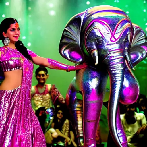 Image similar to bollywood movie, an elephant wearing a silver latex suit and an iridescent metal helmet surrounded by women dancing in colorful flowing intricate dresses on a tropical alien planet