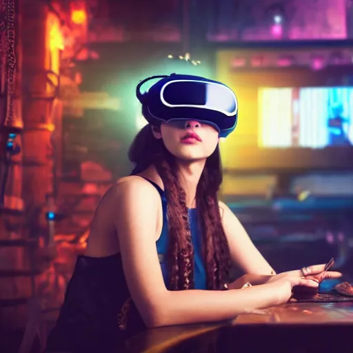 Image similar to a high quality portrait of a beautiful stunning pirate in a cyberpunk cyberpunk cyberpunk cafe wearing a VR visor, realism, 8k, award winning photo