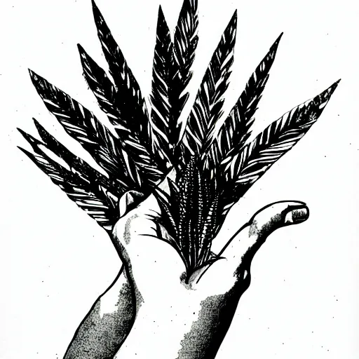 Prompt: palm of a hand with various plants growing out of it, pen and ink style