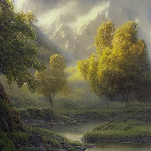 Prompt: beautiful serene fantasy landscape by alan lee, smooth, detailed terrain, oil painting, matte painting concept art, trending on art station