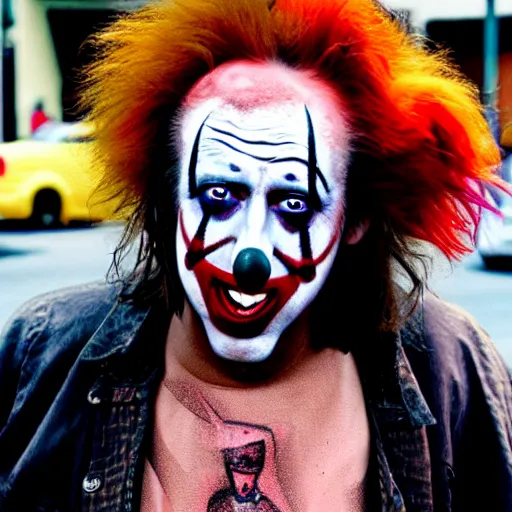 Image similar to uhd candid photo of dirty, homeless nicholas cage wearing bizarre clown makeup, ranting maniacally in the street. skid row. correct face, accurate face, exaggerated features, intricate details, intricate clown makeup, hyperdetailed, accurate face. photorealistic. photo by annie leibowitz