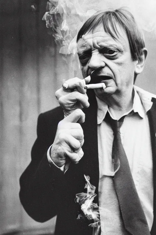 Image similar to highly detailed photo of Mark E Smith, smoking a cigarette