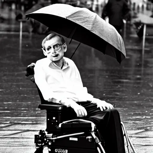 Image similar to stephen hawking stuck in the rain, photography,