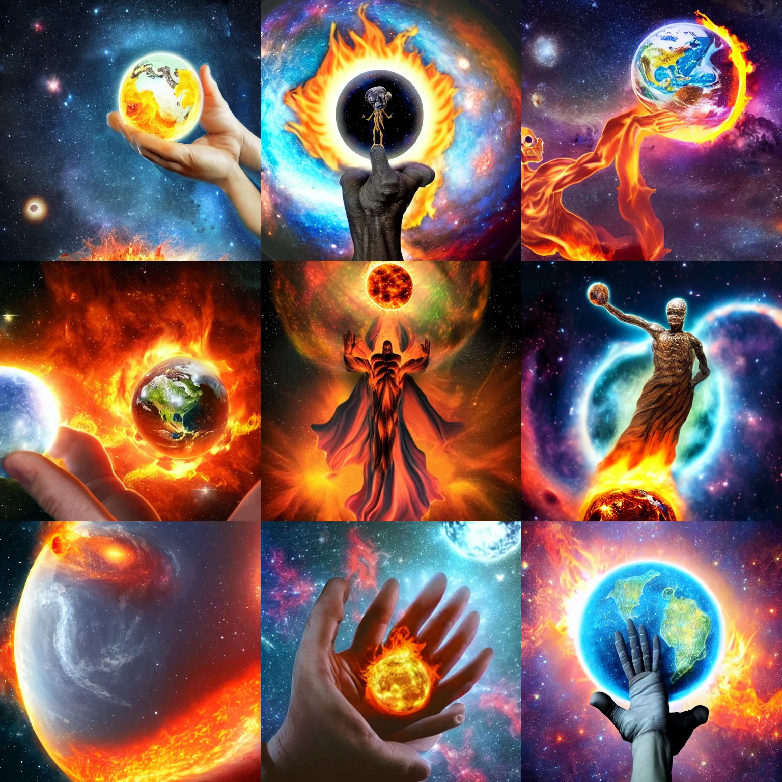 Prompt: effigy of death holding the earth in flame on the palm of his hand, deep space background with galaxies and distant supernovas