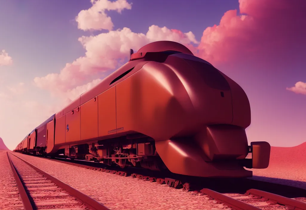 Image similar to futuristic train in a desert, painting, octane render, 4 k, anime sky, warm colors