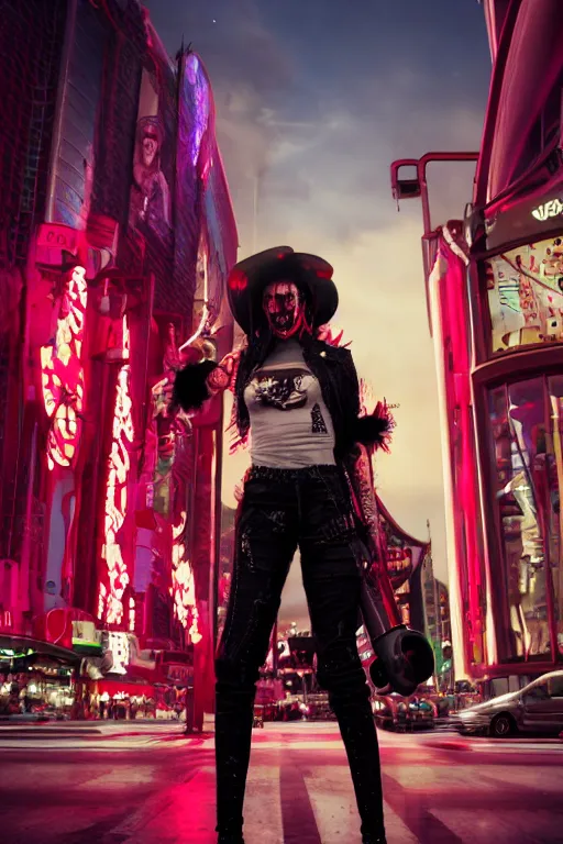 Prompt: full body portrait of a blood punk on the Las Vegas strip at night by tom bagshaw, cinematic, hyper realism, high detail, octane render, 8k, trending on artstation, CGsociety, concept art, 35mm, kodak portra