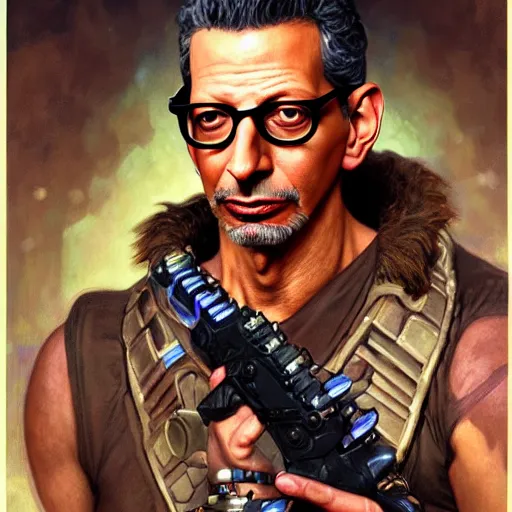 Prompt: full portrait of jeff goldblum as duke nukem, fantasy, d & d, intricate, detailed, by by alphonse mucha, adolfo hohenstein, alice russell glenny, stanley artgerm lau, greg rutkowski, detailed, trending on artstation, trending on artstation, smooth