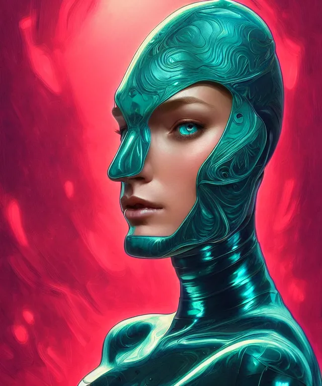 Image similar to Supermodel woman turning into an Android portrait, dark surrealism , scifi, intricate, elegant, highly detailed, teal neon glowing eyes, digital painting, artstation, concept art, smooth, sharp focus, illustration, art by artgerm and moebius and alphonse mucha