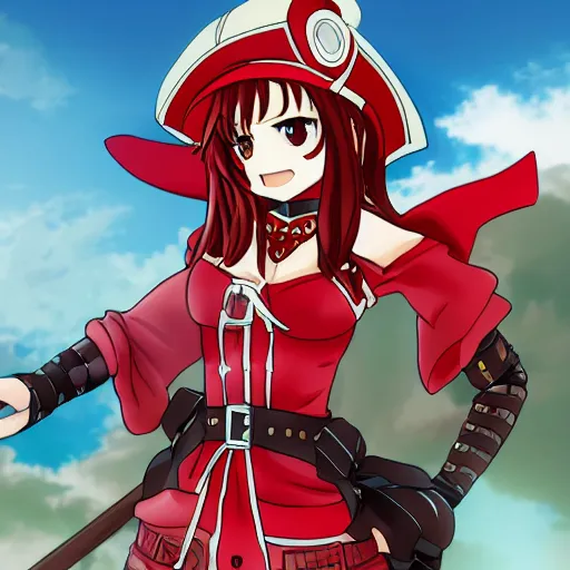 Image similar to Houshou Marine. Hololive character. Anime girl, 宝鐘マリン. Red pirate outfit and black pirate tricorn. Ahoy! Pirate girl ANIME drawing. brickred outfit colorscheme. Her name is Houshou Marine. Anime cute face. Yun Jin artist. Naoki Saito artist