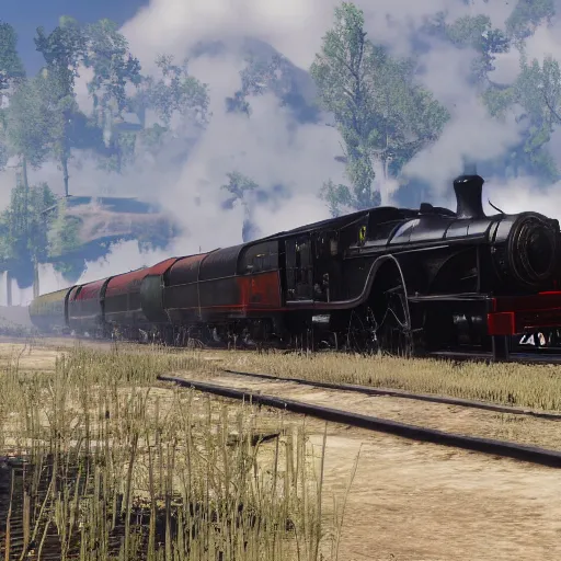 Image similar to futuristic sleek steam locomotive in red dead redemption 2