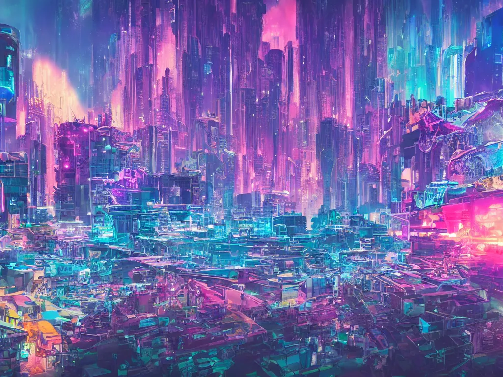 Image similar to mystical colorful cyberpunk city with a clear blue lake in a clearing where an abstract nebula crystal sculpture is floating above it, powerful, ethereal, vaporwave