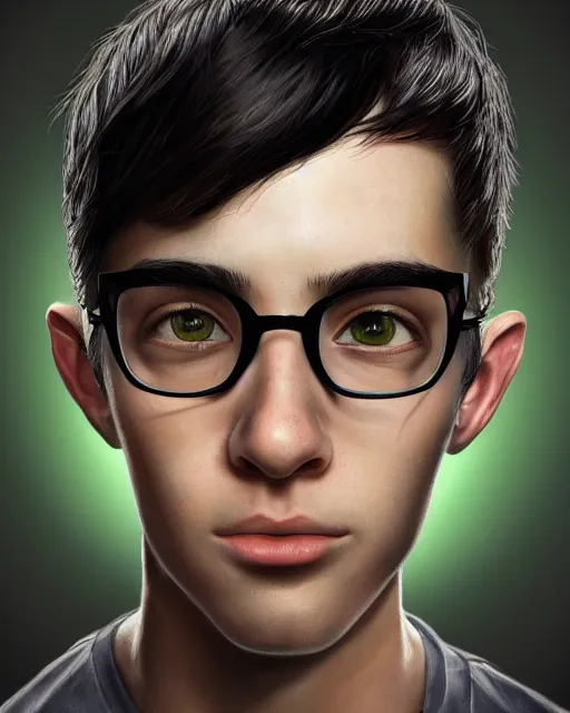 Prompt: portrait of a small, skinny 1 7 - year - old boy with a thin face, black hair, green eyes, thin round glasses, wearing white shirt, hyper realistic face, beautiful eyes, character art, art by mark brooks, hyperdetailed, cryengine, trending on artstation, digital art