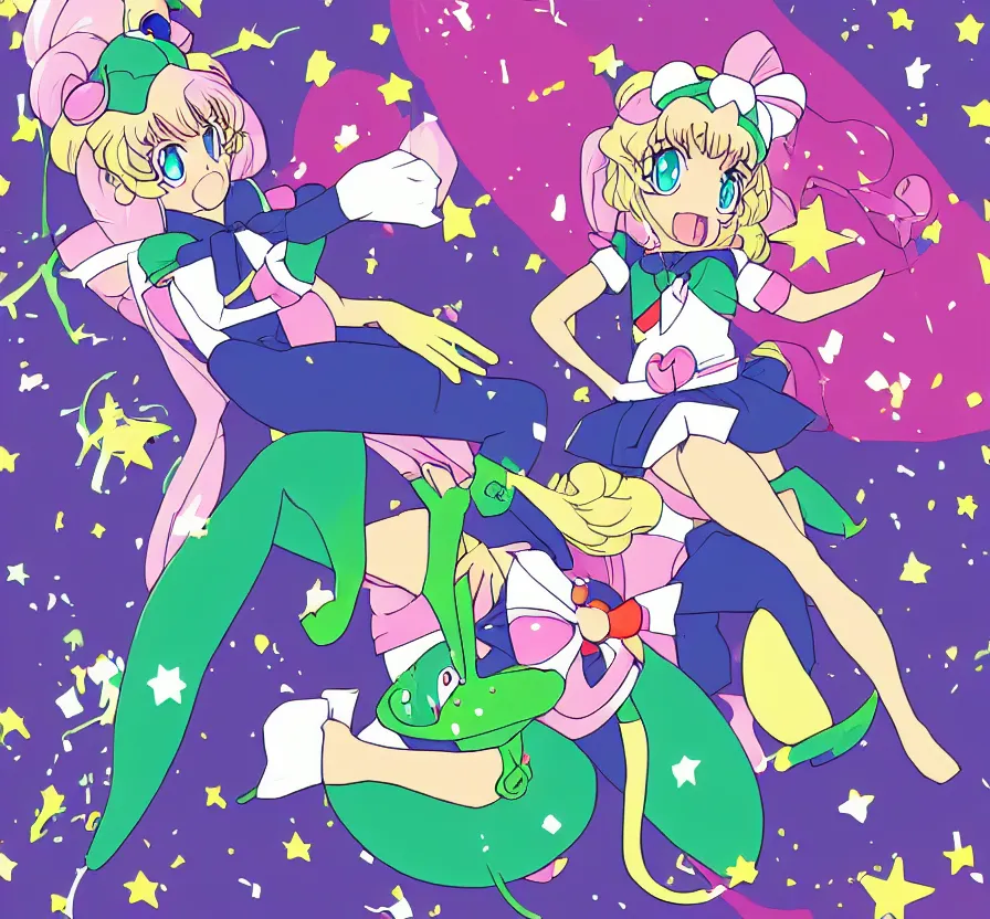 Image similar to frog in a sailor moon uniform, anime, cell - shaded, retro, cutesty lightening