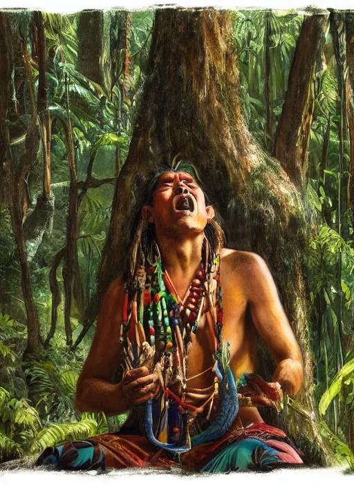 Image similar to a beautiful painted portrait of an indigenous shaman chanting in the jungle, matte painting, fantasy art, ayahuasca