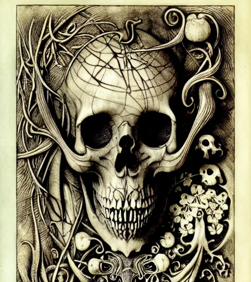 Image similar to memento mori by arthur rackham, art forms of nature by ernst haeckel, exquisitely detailed, art nouveau, gothic, ornately carved beautiful skull dominant, intricately carved antique bone, art nouveau botanicals, ornamental bone carvings, art forms of nature by ernst haeckel, horizontal symmetry, arthur rackham, ernst haeckel