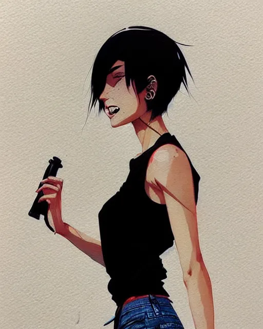 Prompt: a ultradetailed beautiful painting of a stylish woman with short hair, she is wearing a black tank top and jeans, by conrad roset, greg rutkowski and makoto shinkai trending on artstation