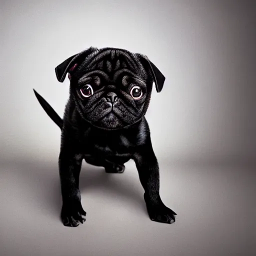 Prompt: high quality and realistic professional studio illustration of a black ninja - pug puppy, kodachrome, photo by steve mccurry