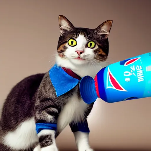 Prompt: a cat with shirt and pants and grabbing pepsi, 4k