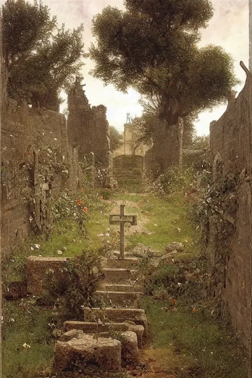 Prompt: abandoned cathedral w/ path that leads to cemetery, dark, overgrown, weeds and wildflowers on the graves, an old twisted tree, a tall stone wall, lawrence alma-tadema