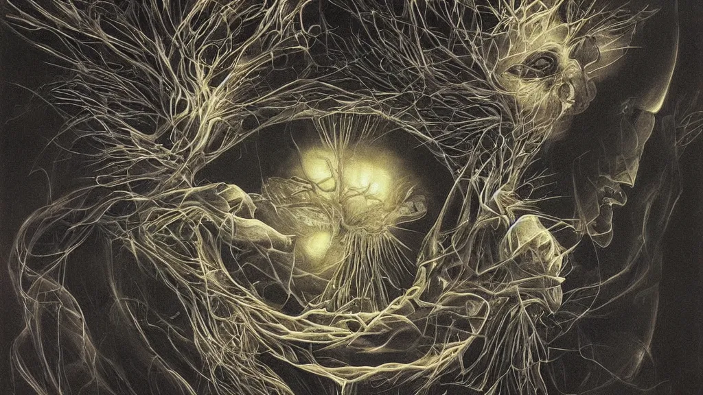 Prompt: a beautiful dreamy painting of a coronavirus inside a glowing high-resolution television screen, dark, face, sinister, detailed, art by M.C. Escher