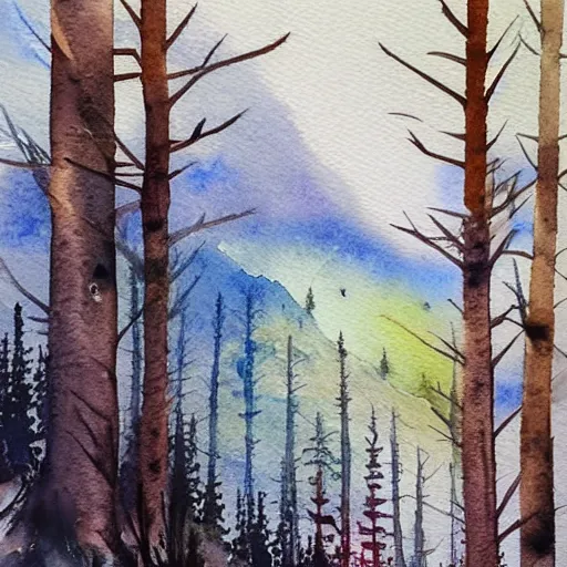 Image similar to https : / / s. mj. run / ykodba 4 hx 8 w, watercolor mountains painting, white swirls, forest