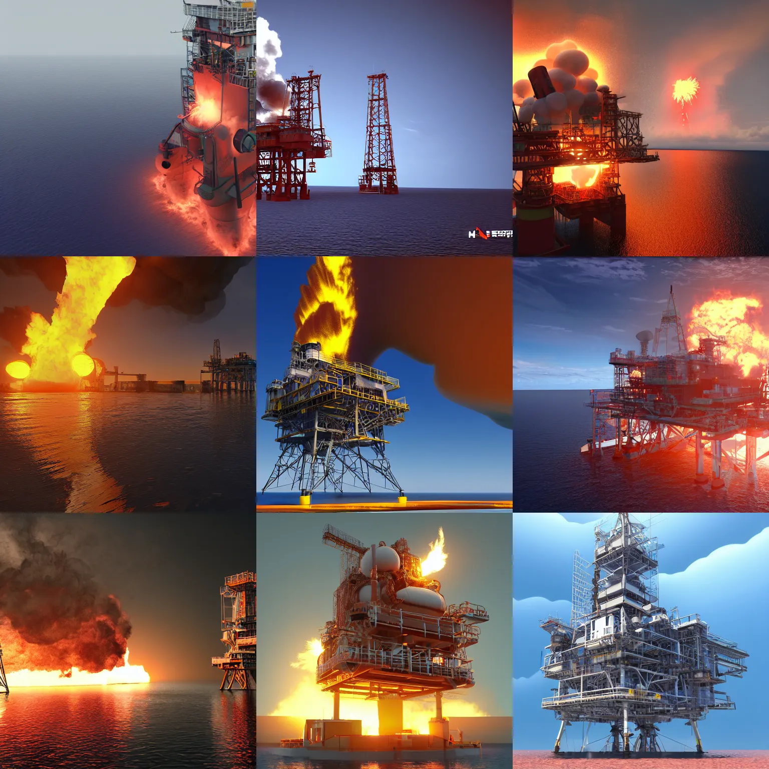 Image similar to oil platform, huge explosion with, vray, pathtracing