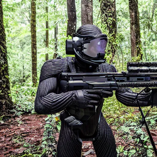 Image similar to close up Crysis Nanosuit shooting at enemies in a devastated burning exploding jungle combat photography 2022, Canon EOS R3, f/1.4, ISO 200, 1/160s, 8K, RAW, unedited, in-frame,