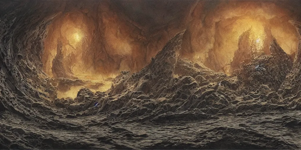 Image similar to artwork by john howe of the ruthless leviathan, cavern, 8 k, centered, highly detailed