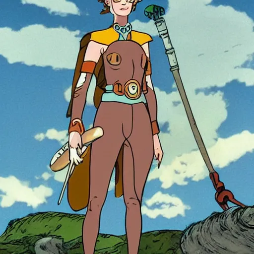 Image similar to Margot Robbie as Nausicaa in the Nausicaa of the Valley of the Wind, Studio Ghibli style