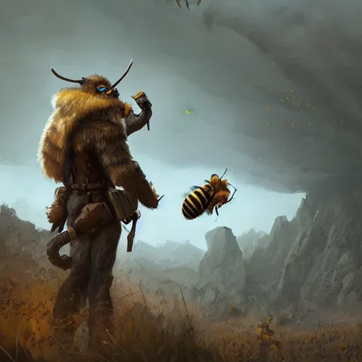 Prompt: a Hunter from Stone Age, Primal surrounded by bees Greg Rutkowski and Raymond Swanland, Trending on Artstation, cloudy background, ultra realistic digital art