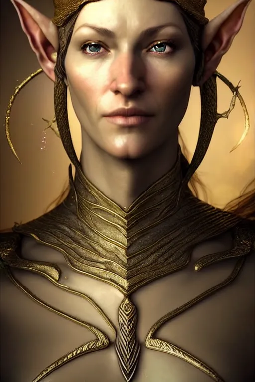 Image similar to hyperrealistic mixed media painting of a female elven ranger, tall confident stature, d&d, full body, stunning 3d render inspired art by P. Craig Russell and Barry Windsor-Smith + perfect facial symmetry + dim volumetric lighting, 8k octane beautifully detailed render, post-processing, extremely hyperdetailed, intricate, epic composition, grim yet sparkling atmosphere, cinematic lighting + masterpiece, trending on artstation, very very detailed, masterpiece, stunning