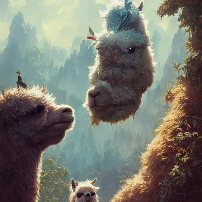 Image similar to highly detailed portrait of emo alpacas, flying, unreal engine, fantasy art by greg rutkowski, loish, rhads, ferdinand knab, makoto shinkai and lois van baarle, ilya kuvshinov, rossdraws, tom bagshaw, alphonse mucha, global illumination, radiant light, detailed and intricate environment