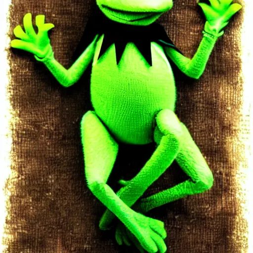 Prompt: Kermit the Frog in a horror movie about exorcism