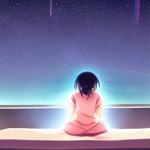 Image similar to advanced digital anime art, pixiv, girl sitting under a slanted window on bed looking at the night sky as two meteors fly over leaving a light trail behind them.