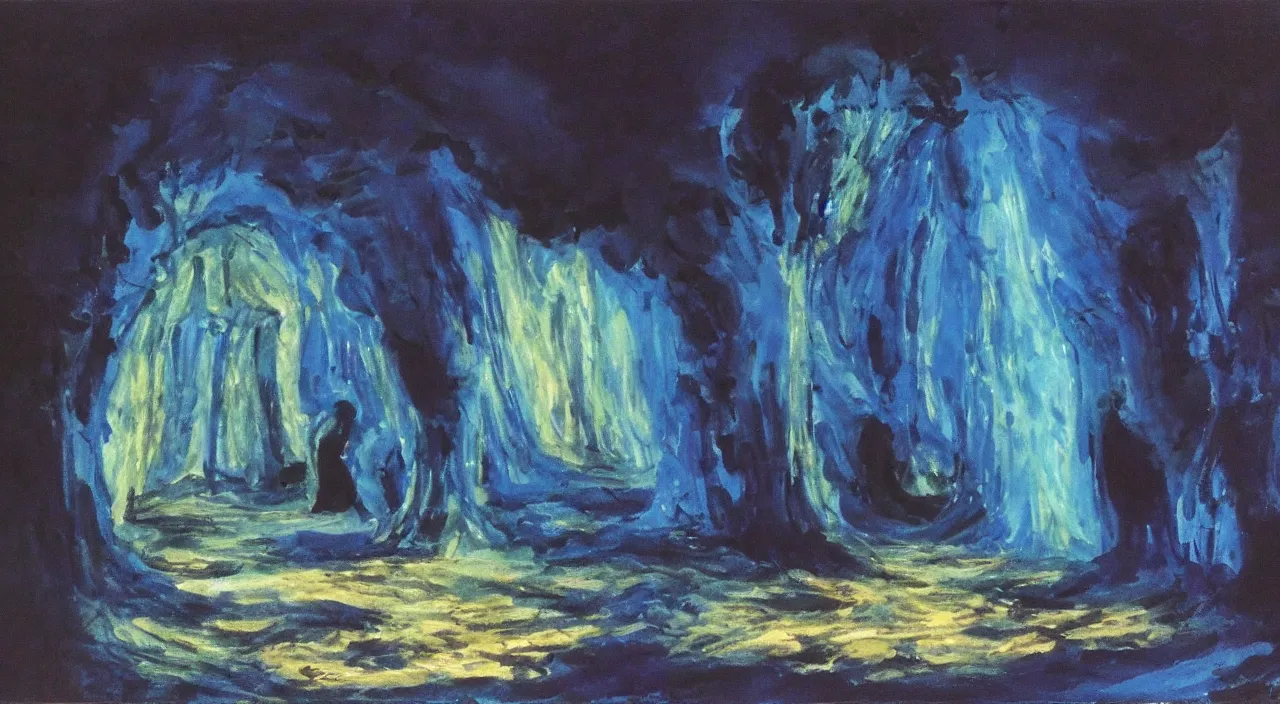 Prompt: Inside of dark cave illuminated by blue lights, by Bob Ross, oil painting,