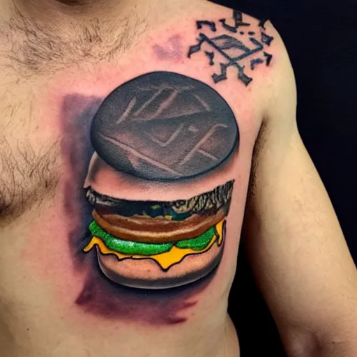 Image similar to man with a tattoo of a cheeseburger on has face, high quality, high resolution