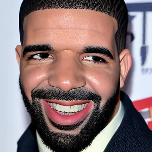 Image similar to drake with a big smile and bloody wide open eyes, detailed face, sharp focus