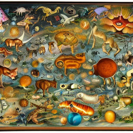 Image similar to artistic depiction of all life forms on earth, summarized in a single painting, highly detailed and complex