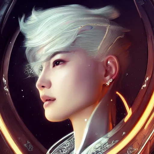 Image similar to ultra realistic illustration of cyborg song hye - kyo, warframe, intricate, utopian city, white hair, elegant, highly detailed, digital painting, artstation, concept art, smooth, sharp focus, illustration, art by artgerm and greg rutkowski and alphonse mucha