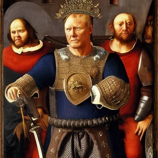 Image similar to donald trump wearing medieval armor holding a sword, renaissance painting