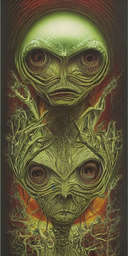 Prompt: alien portriat, alex grey, patrick woodroffe, mark ryden