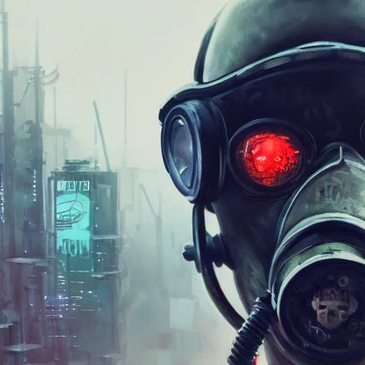 Image similar to Close up of a guy in a Gasmask, Cyberpunk city, street vendors, citizens, augmented cyborgs, robots, skyscapers, buildings, clouds, sunset, painted by seb mckinnon, high detail, digital art, trending on artstation