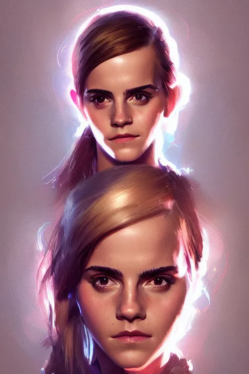 Image similar to portrait of emma watson a scaly skin and biotechnical parts and neon light by Artgerm and Greg Rutkowski , digital painting, highly detailed, trending on artstation